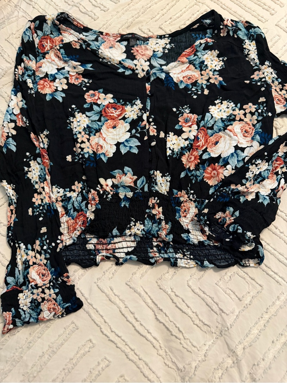 Moa Moa Black Floral Smocked-Hem Long Sleeve Blouse